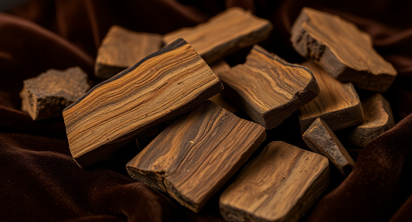 A luxurious close-up of oud wood pieces on a dark velvet background, with soft golden lighting emphasizing their rich texture and deep brown hues