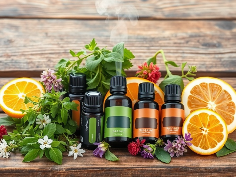 A flat-lay arrangement of essential oil bottles surrounded by fresh herbs, flowers, and citrus slices on a rustic wooden background. Diffuser mist softly rising in the background