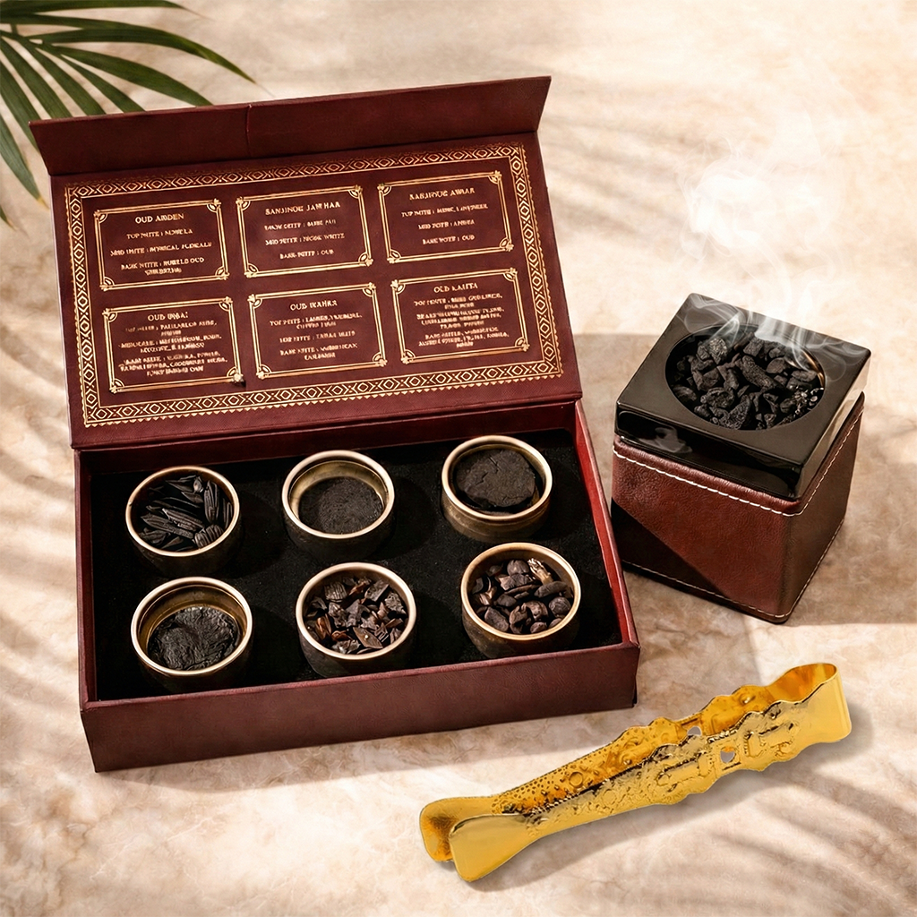 Bakhoor Discovery Box + Amiri Black and Gold Burner + Tong