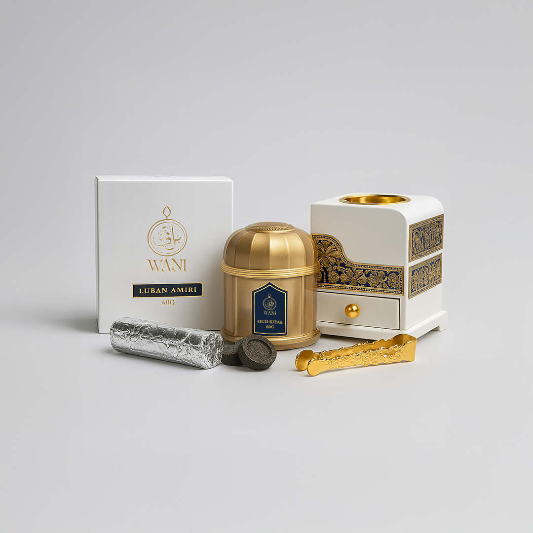 Bakhoor Package-5 | 1 Luban Amiri, 1 Mirage Royale White & Gold Burner, 1 Gold Tong, 2 Charcoal Rolls