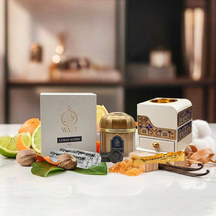 Bakhoor Package-5 | 1 Luban Amiri, 1 Mirage Royale White & Gold Burner, 1 Gold Tong, 2 Charcoal Rolls
