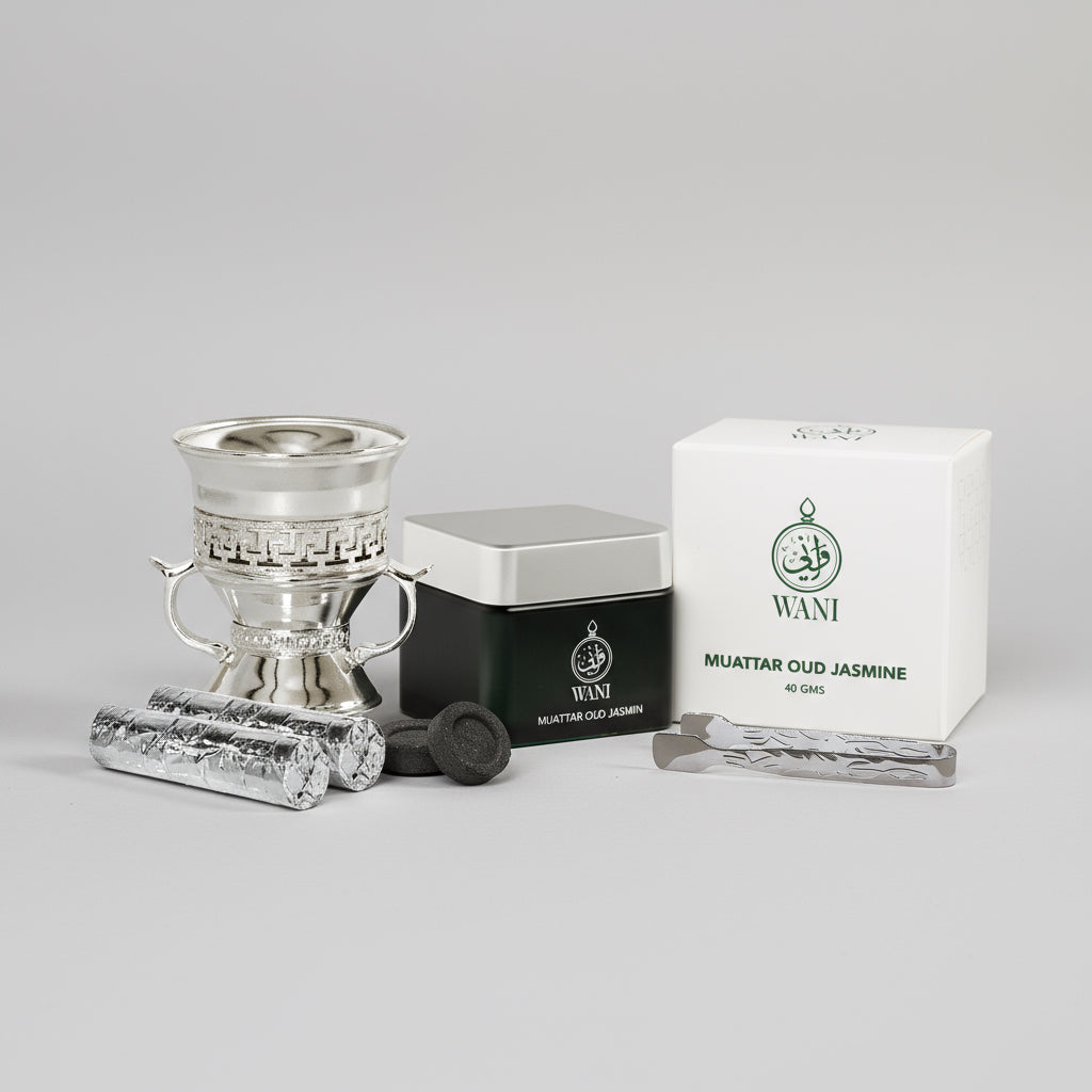 Bakhoor Package-2 | 1 Silver Burner, 1  Muattar Oud Jasmine Bakhoor, 1 Silver Tong, 2 Charcoal Rolls