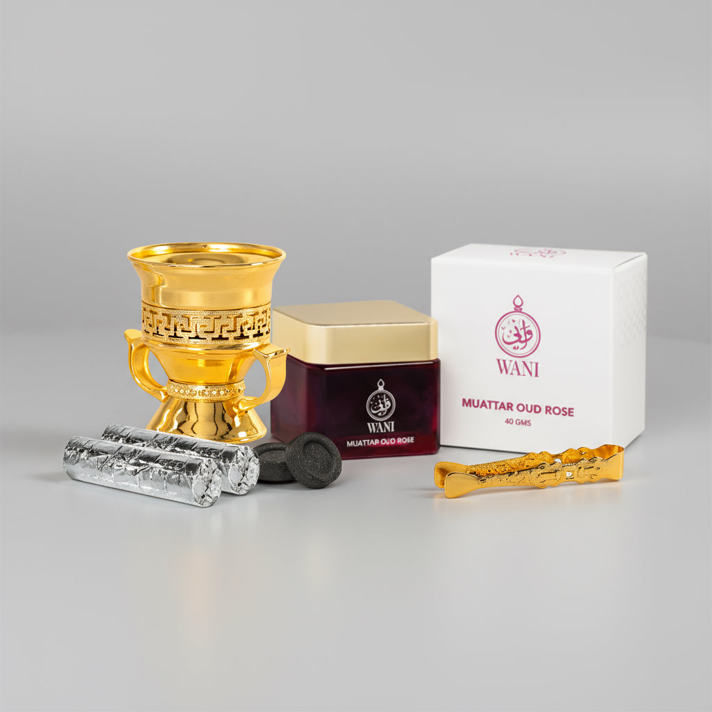 Bakhoor Package-1 | 1 Gold Burner, 1  Muattar Oud Rose Bakhoor, 1 Gold Tong, 2 Charcoal Rolls