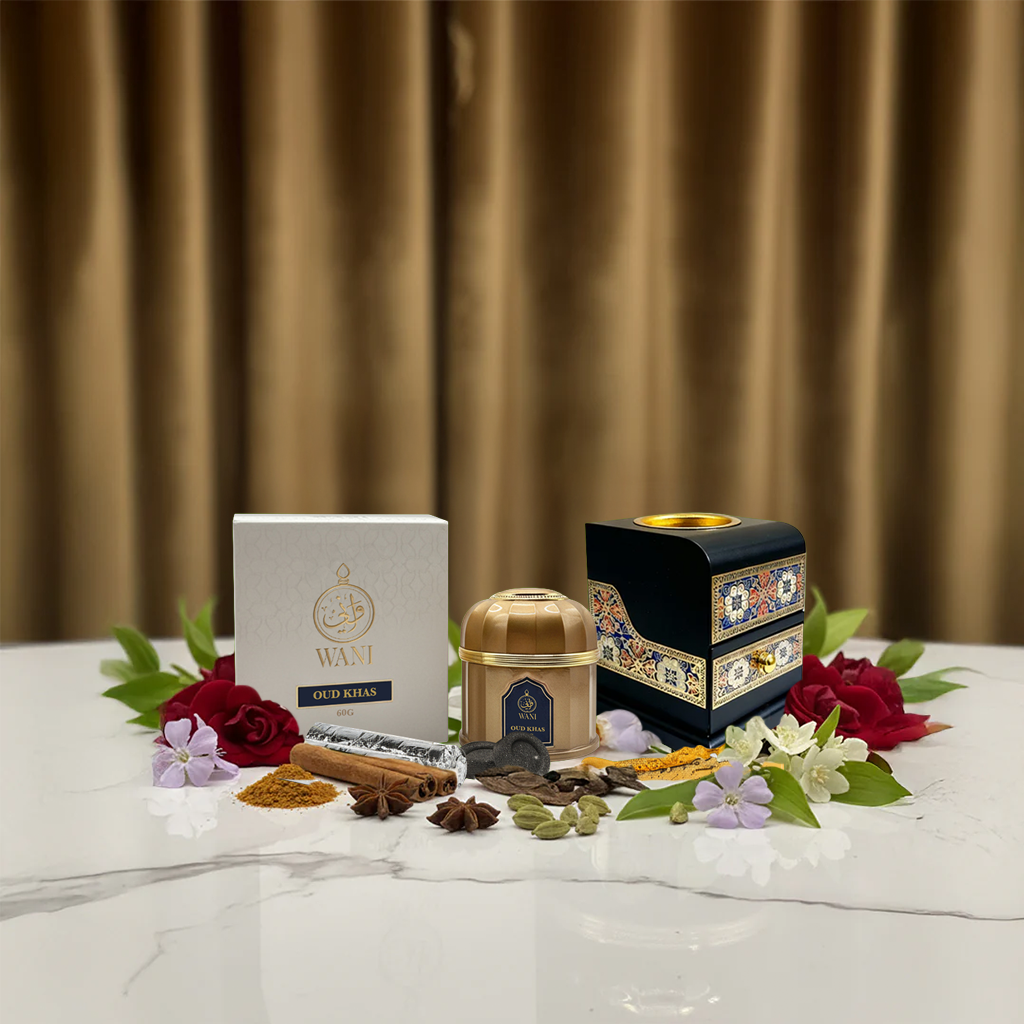 Bakhoor Package-4 | 1 Bakhoor Khas, 1 Mirage Royal Black & Gold Burner, 1 Gold Tong, 2 Charcoal Rolls