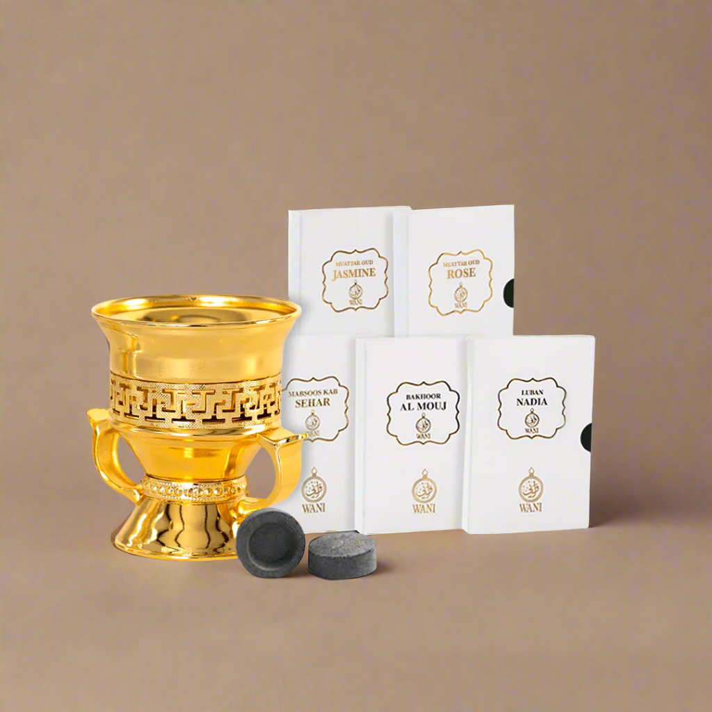 Bakhoor Combo | 1 Gold Burner, 1 Bakhoor Sample Set, 1 Charcoal Roll