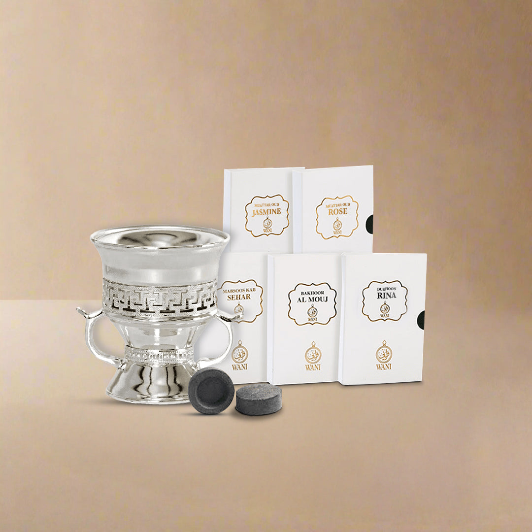 Bakhoor Combo | 1 Silver Burner, 1 Bakhoor Sample Set, 1 Charcoal Roll